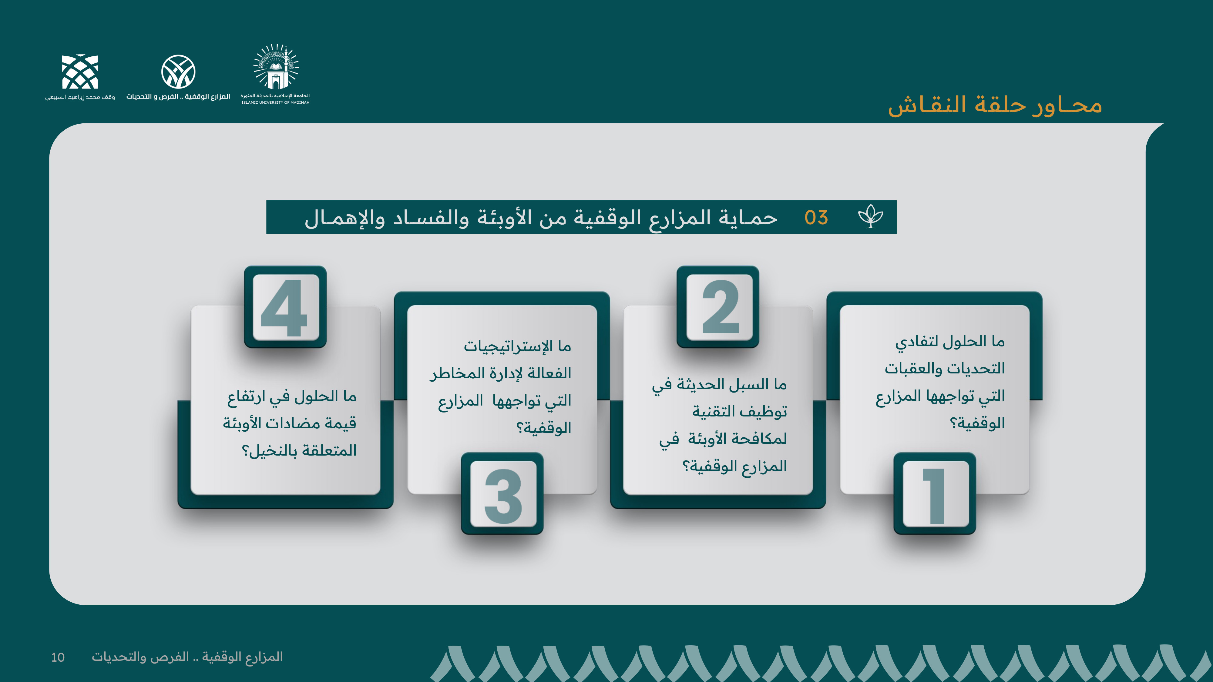 محاور حلقة النقاش — حماية المزارع الوقفية من الأوبئة والفساد والإهمال